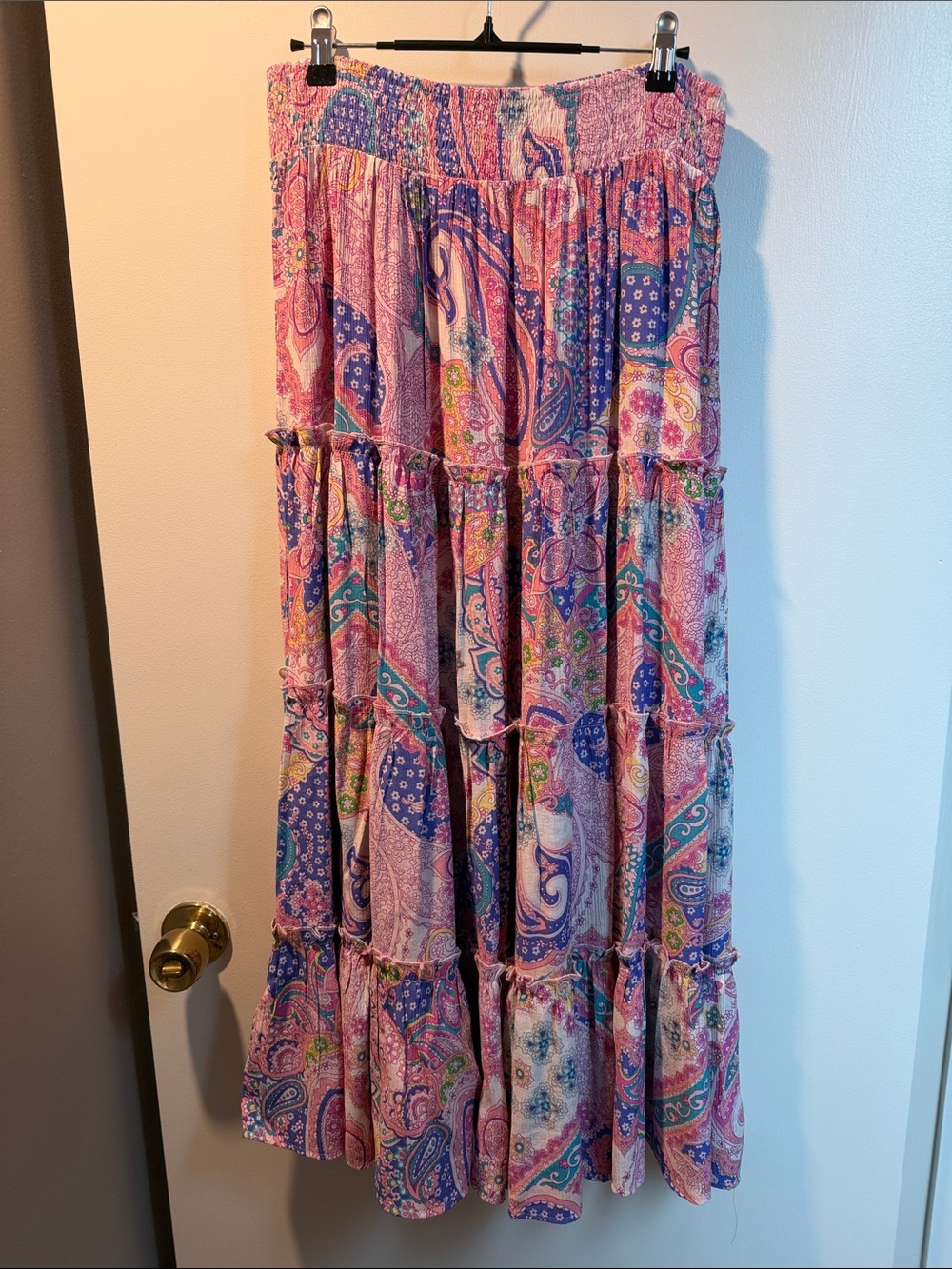 easel Pink and Blue Paisley Tiered Maxi Skirt